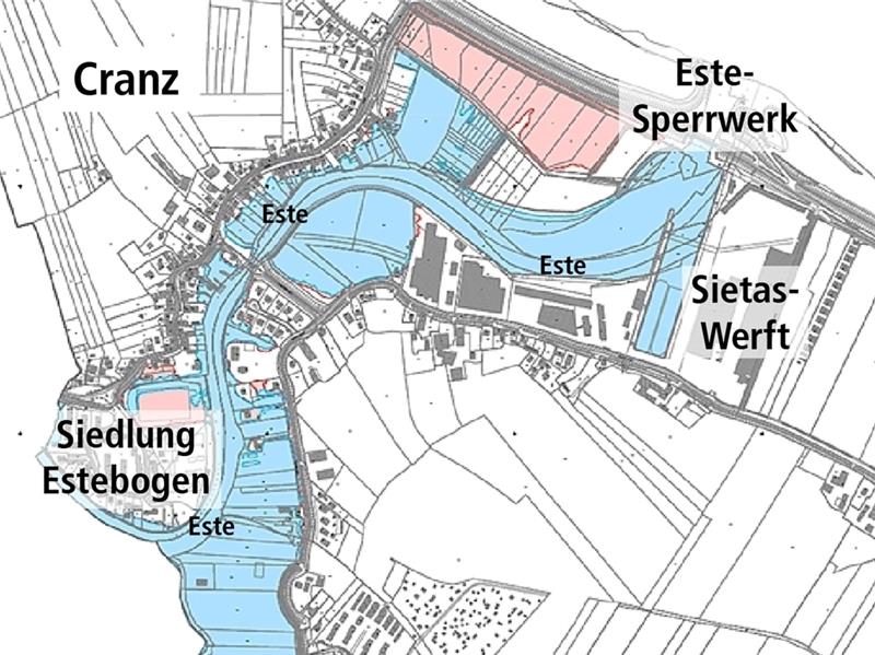 Das Überschwemmungsgebiet Este (blau) in Cranz wurde um 7,5 Hektar verkleinert, die roten Flächen fallen raus.Karte Behörde für Umwelt und Energie