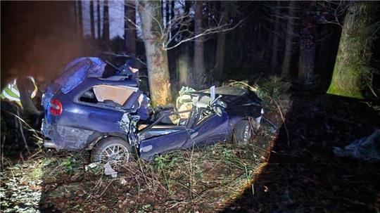 Das Unfallauto gleicht einem Wrack: Es ist nach der Kollision mit dem Baum kaum wiederzuerkennen.