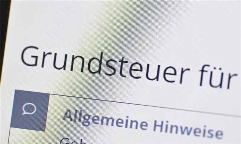 Das Wort «Grundsteuer» erscheint auf einem Bildschirm auf der Seite des Online-Steuerportals Elster.