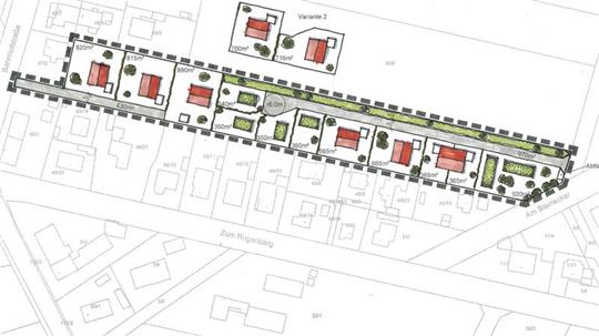 Das geplante Mehrfamilienhaus als Unterkunft für Geflüchtete soll auf dem vorderen Grundstück, direkt Am Steinacker gebaut werden. Die Ideenskizze des Büro Cappel + Kranzhoff zeigt, wie die weiteren Bauflächen genutzt werden könnten - zum Beispiel mit Tiny-Häusern (grün gekennzeichnet).