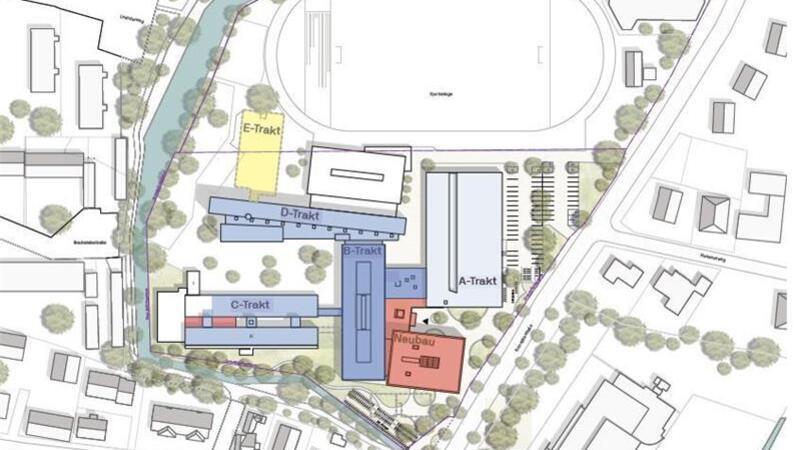 Zustand der Halepaghen-Schule noch schlimmer als bisher bekannt Das ist der Lageplan für die Gebäude der Halepaghen-Schule. Der Neubau an der Konopkastraße ist rot.