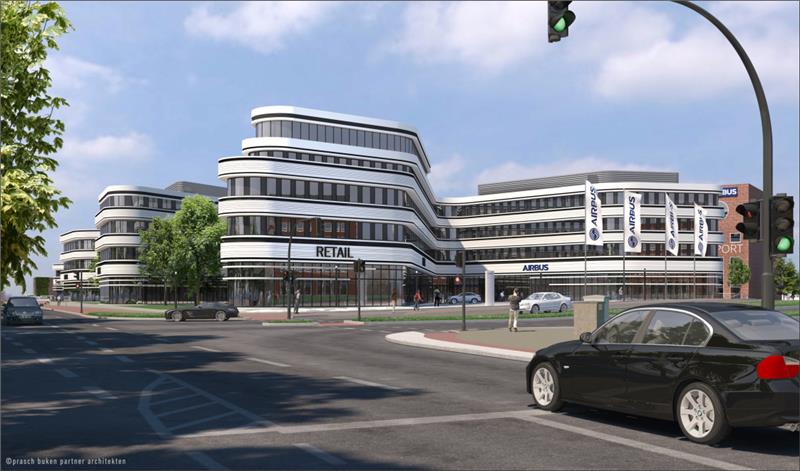 Airbus baut neues Eingangstor mit Hotel und Besucherzentrum Das ist die Computer-Animation des neuen „ElbAir“-Komplexes am Eingang des Airbus-Werkes in Finkenwerder. Visualisierung: Airbus/prasch buken partner architekten