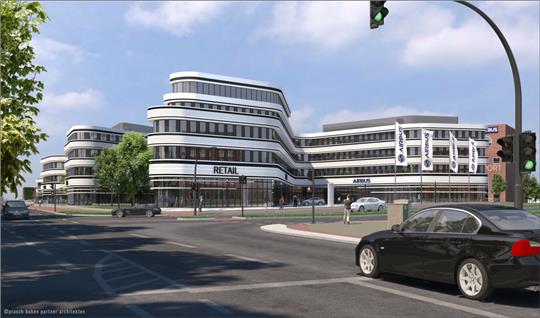 Das ist die Computer-Animation des neuen „ElbAir“-Komplexes am Eingang des Airbus-Werkes in Finkenwerder. Visualisierung: Airbus/prasch buken partner architekten