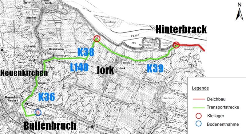 Das ist ein Transportweg (grün) des Kleibodens für den Deichbau (rot). Karte: Deichverband