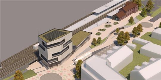 Das ist eines der neuesten Bilder aus der Machbarkeitsstudie zum Masterplan Bahnhof. Das große neue Gebäude soll fünf Stockwerke bekommen. Grafik: Stadt Buxtehude / Bahnstadt