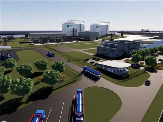 Das landbasierte LNG-Terminal in Bützfleth soll etwa eine Milliarde Euro kosten und 2027 den Betrieb aufnehmen. Visualisierung: HEH