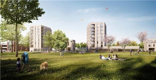 Das neue Gesicht rund um den S-Bahnhof Neugraben : Links das verkleinerte Parkhaus, dann das erste Hochhaus, der neue Bahn-Zugang, das zweite Hochhaus, dazwischen ein neuer Platz.