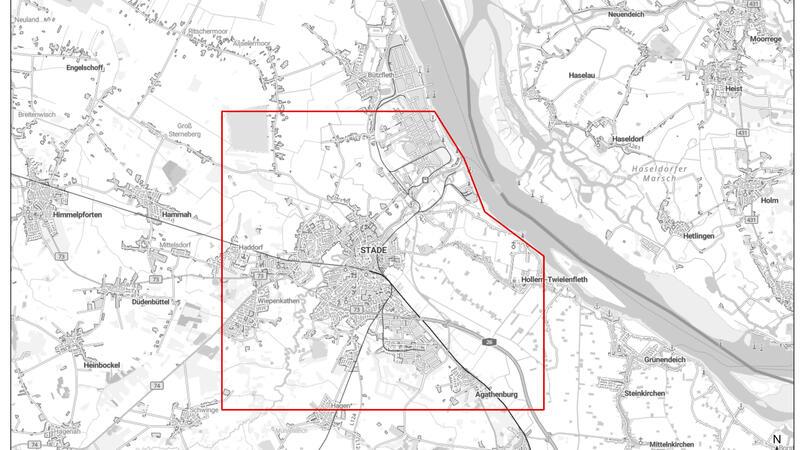 Das rot eingegrenzte Erlaubnisfeld „Stade“ umfasst die Hansestadt selbst sowie umliegende Flächen.