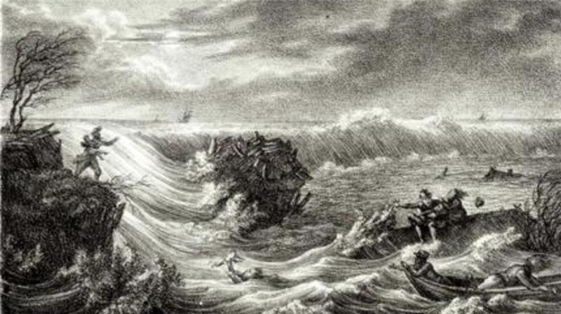 Die Februarflut 1825 brachte Tod und Verderben ins Alte Land Deichbruch im Alten Land bei der Februarflut 1825 nach einer Zeichnung von Friedrich Thöming (1802-1873).