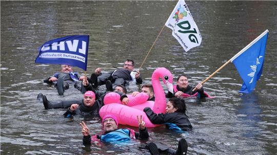 Demonstranten schwimmen in der kalten Elbe.