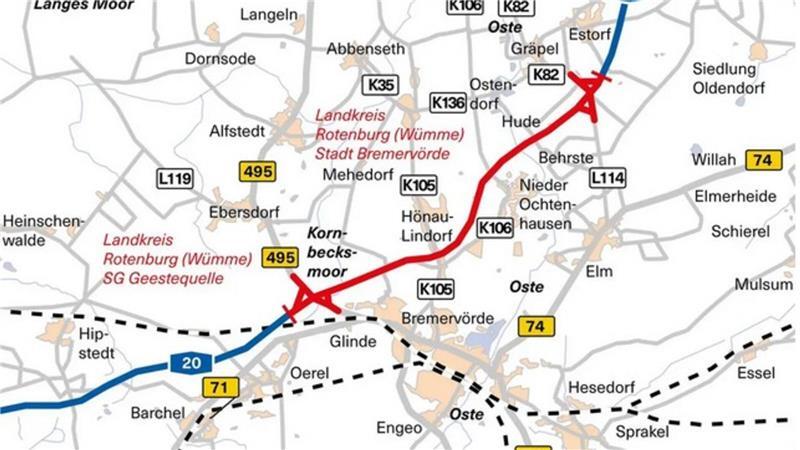 Der A20-Abschnitt 6 beginnt in etwa an der Kreisgrenze und führt über die Oste und nördlich von Bremervörde bis nach Glinde.