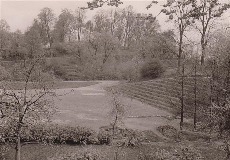 Der Adolf-Ravelin in den 1950er Jahren. Die Bepflanzung ist spärlich, rechts sind deutlich Stufen zu erkennen. Heute gibt es Planungen, die den ursprünglichen Zustand der Schwedenfestung wieder erlebbar machen sollen. Dazu sollen im Vorderg