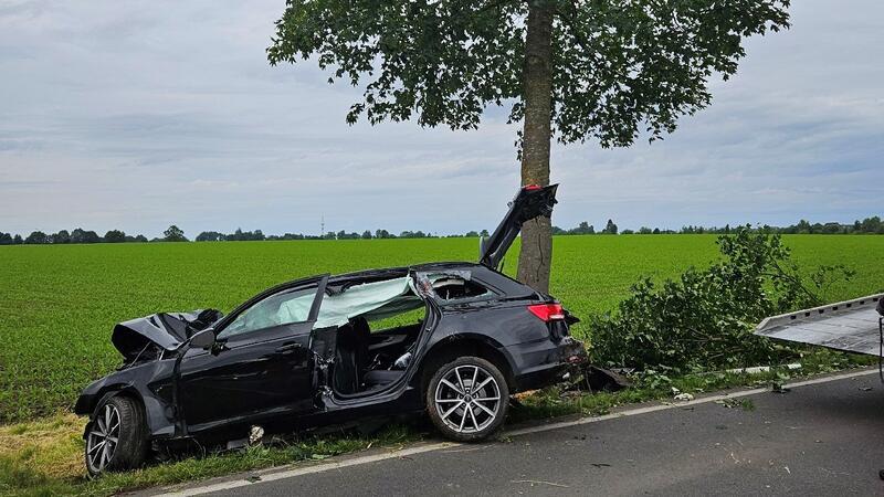 Autofahrer fährt in Harsefeld so heftig gegen Baum, dass Baumkrone abbricht Unfallfahrzeug steht neben Baum.
