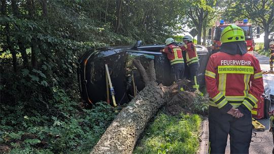 Der Baum ist durch die Wucht des Aufpralls umgekippt. Der Pkw landete auf der Seite.