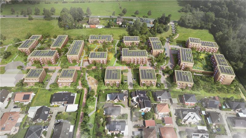 Buxtehuder Großprojekt: Im April ziehen die ersten Mieter ins Orchideenquartier Der Blick vom Süden auf das Orchideenquartier. Vorne ist das Wohngebiet Königsdamm zu sehen.