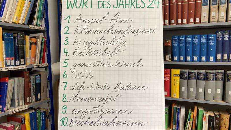 „Ampel-Aus“ und „kriegstüchtig“: Die Wörter des Jahres 2024 Der Bruch der Ampel-Koalition hat es als „Ampel-Aus“ auf Platz eins der zehn „Wörter des Jahres“ 2024 der Gesellschaft für deutsche Sprache geschafft.