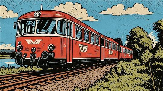 Der EVB-Moorexpress - das Jubiläumsmotiv im Comic-Stil.