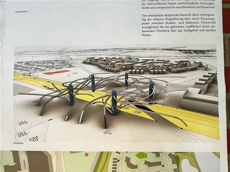 Der Entwurf „Magneton“ von Thomas Goldberg verbindet Bildungscampus und Heidesiedlung. Die Metallarme dienen unter anderem als Fußgänger- und Radlerbrücken.