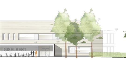 Der Entwurf des Büros BKSA aus dem Jahr 2022 zeigt den geplanten Kita-Neubau im Wohngebiet Giselbertstraße. Auf diese Planung könne der Bau einer Grundschule aufbauen, argumentiert die BBG/FWG.