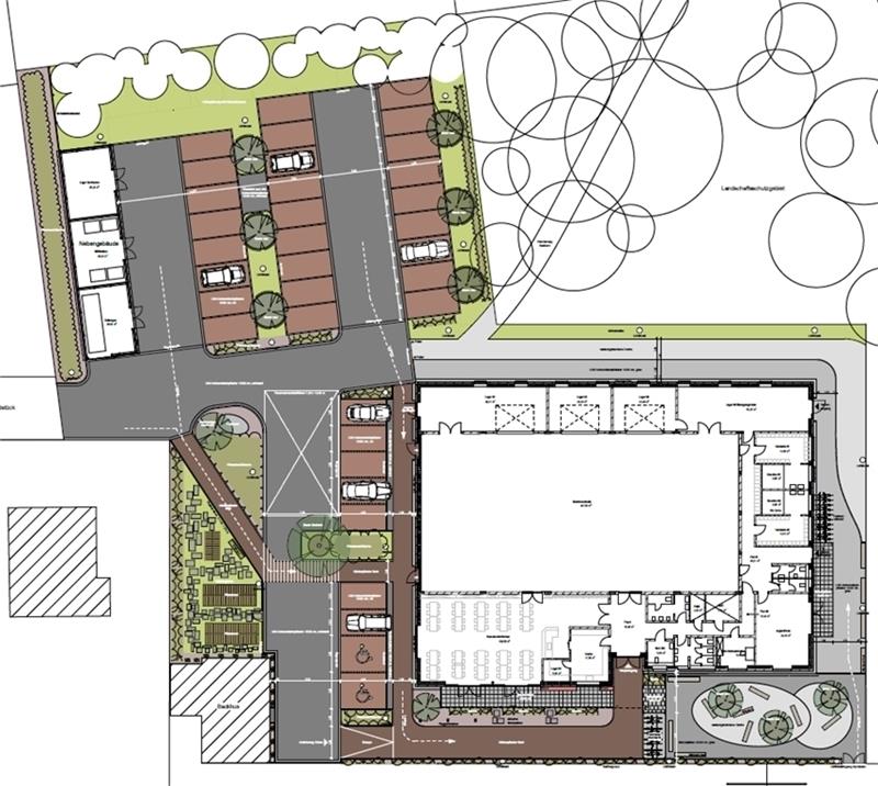 Der Entwurf für die neue Mehrzweckhalle, samt Außenanlage und Nebengebäude. Grafiken: Architekturbüro Kettler + Margenburg
