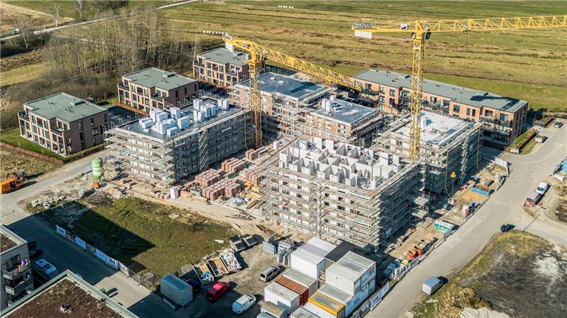 Der HBI-Gebäudekomplex Giselbert 4 im Neubaugebiet Giselbertstraße aus der Luft.