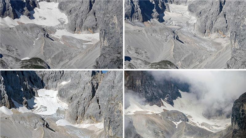 Fotos zeigen, wie der Klimawandel Deutschland verändert Der Höllentalferner in den Jahren 2021 bis 2024 (von links nach rechts in zwei Zeilen).