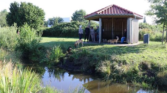 Der Hundeplatz am Oestinger Weg in Hemmoor ist ein idyllisches Fleckchen Erde. An der Schutzhütte treffen sich Herrchen und Frauchen, während die Vierbeiner über die Wiesen toben. Nur der Wassergraben bereitet den Hundefreunden Sorgen. Foto: Mangels
