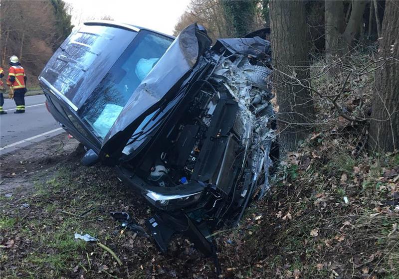 Der Hyundai Tucson fährt auf einen Hang auf und kollidiert mit einem Baumstamm. Foto: Woitera