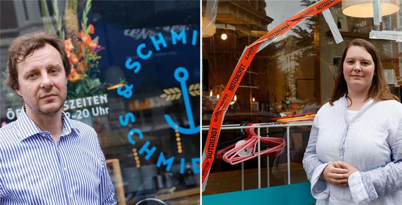 Der Inhaber von Schmidt & Schmidtchen, Falk Hocquél , vor seinem Café in der Schanze. Die Besitzerin des Möbelladens Lokaldesign, Katharina Roedelius, steht in der Schanze vor ihrem Geschäft mit den während des G20-Gipfels zerstörten Schaufensterscheiben. Fotos: Georg Wendt/dpa