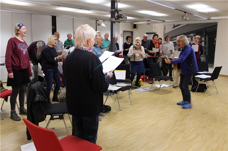 Buxtehuder Chor singt die Hits der Beatles Der Internationale Chor bei einer seiner Proben im Kulturforum. Foto: Frank