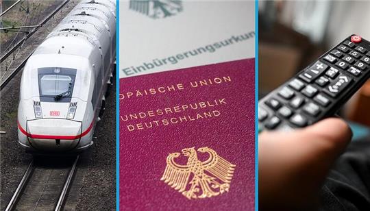 Ein ICE fährt, ein Reisepass der Bundesrepublik Deutschland liegt auf einem Tisch, ein Mann hält eine Fernbedienung in der Hand.