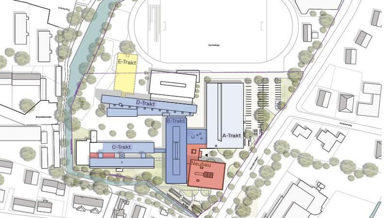 Der Lageplan zeigt die Anordnung der Gebäude der Halepaghen-Schule an der Konopkastraße in Buxtehude.