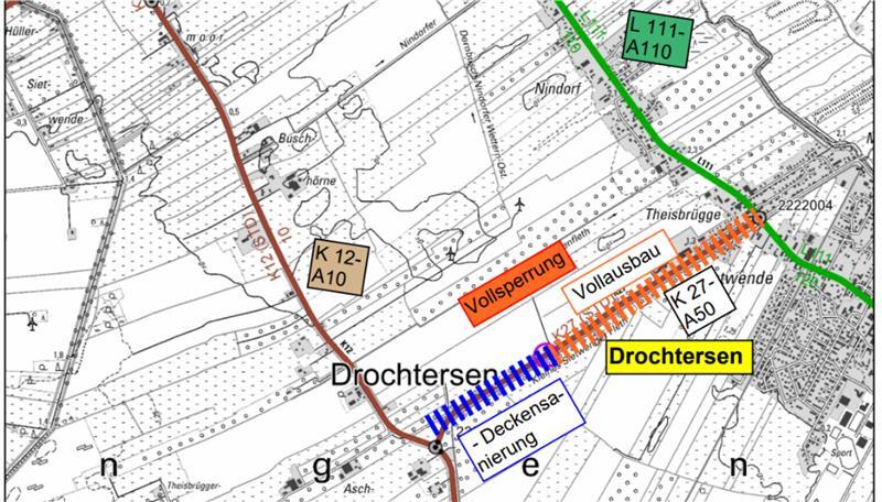 Der Landkreis Stade saniert die Aschhorner Straße (K27) zwischen der Kreisstraße 12 (Aschhorn) und der Landesstraße 111. Die Übersichtskarte zeigt die Vollsperrung und Umleitung.