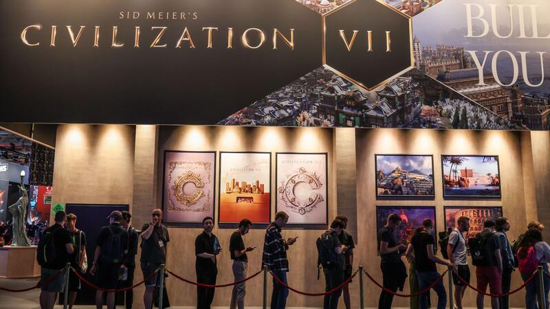 Der Messestand des Strategiespiels Civilization, das in verschiedenen Ausgaben seit mehr als drei Jahrzehnten auf dem Markt ist.