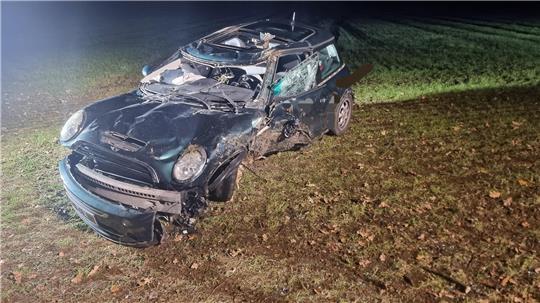 Der Mini Cooper traf längs auf den Baum. Foto: Feuerwehr Apensen