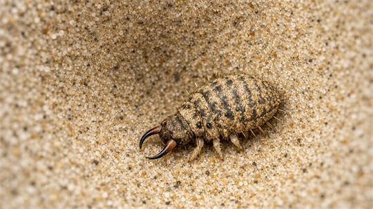 Der Name „Ameisenlöwe“ hört sich gigantisch an. Doch bei diesem Löwen handelt es sich um die Larven eines fliegenden Insekts.