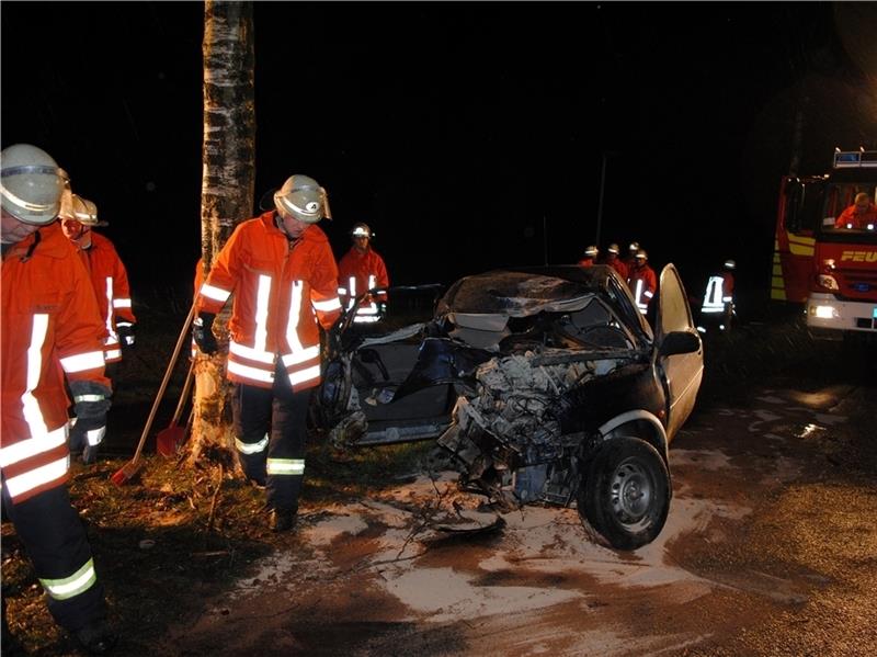 Der Pkw prallte mit der Beifahrerseite gegen einen Straßenbaum und begann zu brennen.