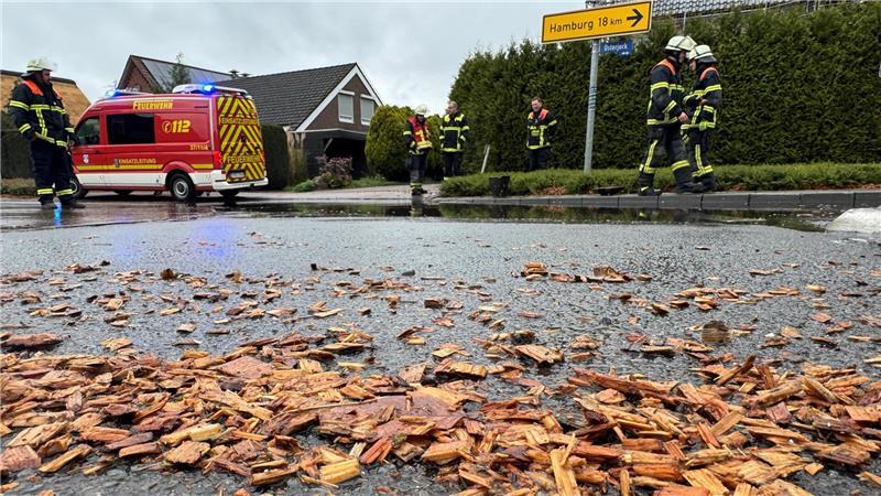 Holzhackschnitzel liegen auf dem Asphalt des Kreisels in Osterjork.