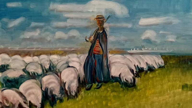 Der Schäfer mit Schafen am Deich - ein typisches Altländer Motiv.