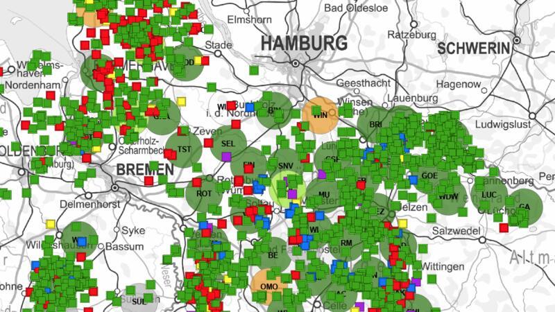 Der Screenshot der Umweltkarte Niedersachsen zeigt die Wolfsterritorien als Kreise (Drochtersen ist noch nicht farblich markiert, Wiegersen auch noch nicht) und die Nutztierschäden bis heute markiert.