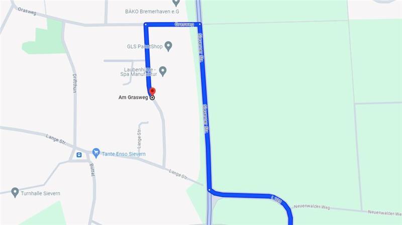 Erneute Google-Posse: Navi lockt Autofahrer auf die falsche Fährte Der Screenshot von Google Maps aus dem April 2024 ist korrekt: Die Wegführung zu Unternehmen in der Straße Am Grasweg im Gewerbe- und Technologiepark Sievern stimmt.