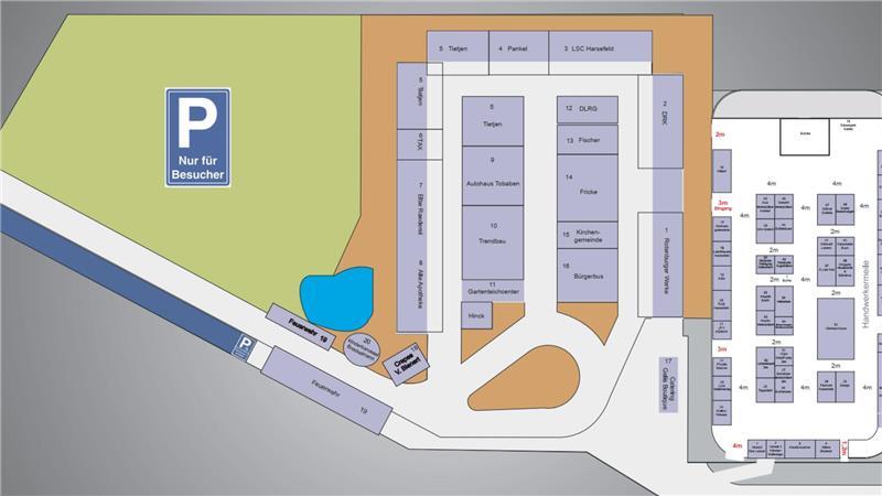 Der Standplan der Erlebnismesse: 64 Aussteller werden sich am Wochenende auf dem Parkplatz vor sowie in der Eissporthalle Harsefeld präsentieren.