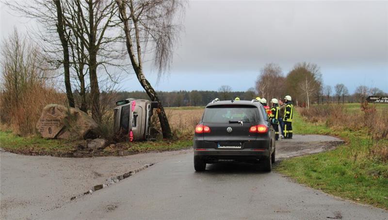 Der Mercedes liegt auf der Fahrerseite zwischen einem Baum und einem Findling; der VW steht auf der Straße.