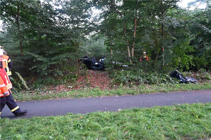 Beim Überholen überschätzt: 63-Jähriger aus diesem Wrack schwer verletzt geborgen Der Wagen rauschte über den Fahrradweg und prallte gegen zwei Bäume. Foto: Polizei