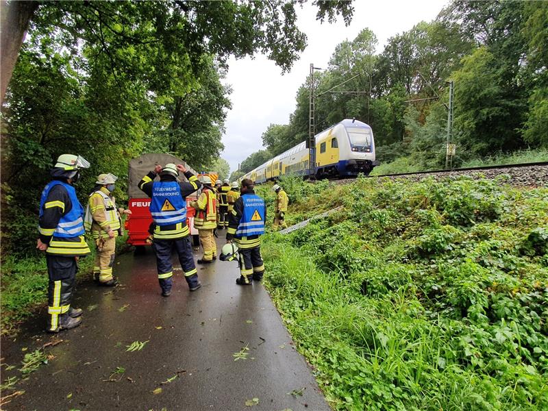 Der Zug ist mit einem Baum kollidiert, der in der Oberleitung liegt. Die Bahnstrecke war stundenlang gesperrt. Foto: Beneke