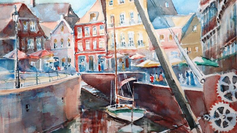 Der alte Hafen und Fischmarkt: Rüdiger Munderloh stellt Stader Aquarelle in seiner Galerie Hahnentor aus.