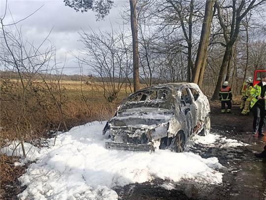 Der ausgebrannte Opel in der Feldmark bei Wiepenkathen. Foto: Feuerwehr