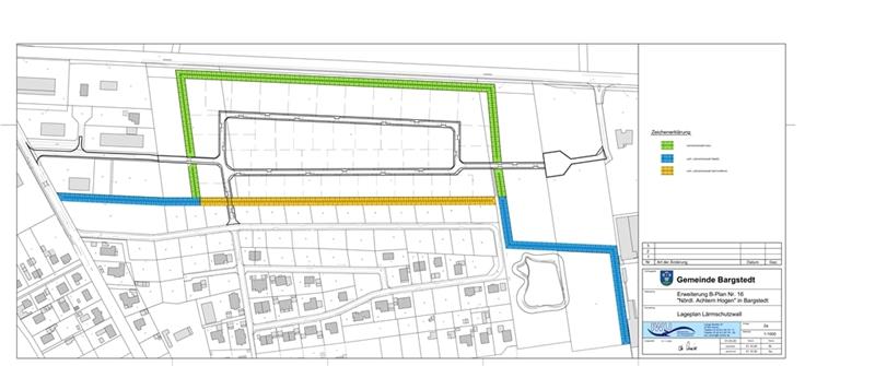 Der blau gekennzeichnete Lärmschutzwall-Teil bleibt bestehen, der gelbe wird entfernt, der grüne neu zu Gewerbe und Landstraße hin errichtet.