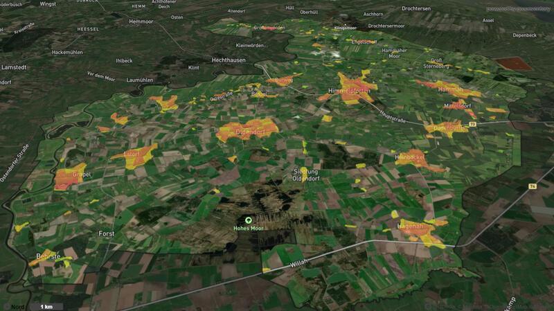 So heizt Oldendorf-Himmelpforten: Wie die Wärmewende klappen kann Der digitale Zwilling der Samtgemeinde Oldendorf-Himmelpforten. Die EWE Netz nutzte eine spezielle Software, um die gesammelten Daten als digitale Karte abbilden zu können.