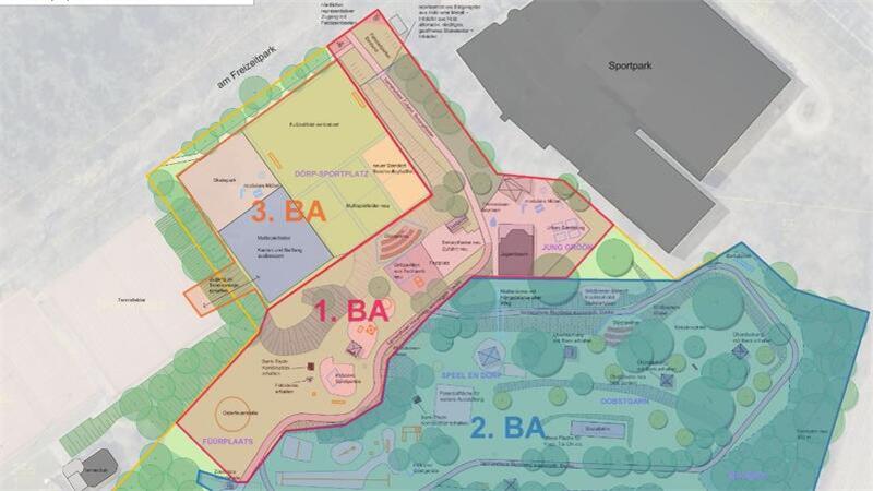 Der erste Bauabschnitt umfasst den Hauptweg durch den Freizeitpark sowie Bereiche wie die Dörparena oder den Urban Gardening-Bereich um den ehemaligen Kiosk.